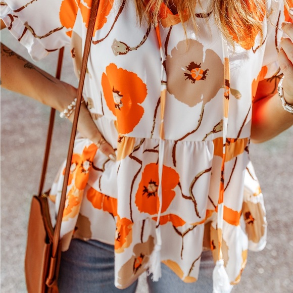 FLORAL PRINTED FLOUNCE SLEEVE TIE-NECK PEPLUM BLOUSE - Picture 5 of 6